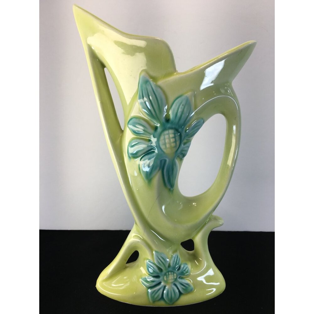 Vintage Art Pottery Ceramic Vase Green Floral Accent Home Decor Japan 10'' Tall